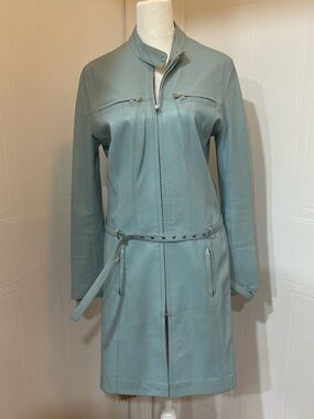 European Light Teal woman soft  Leather Long Coat with Belt - Women